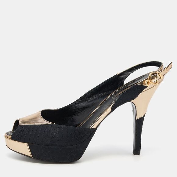 Louis Vuitton Black/Gold Leather And Fabric Ankle Strap Platform Sandals - Picture 1 of 4